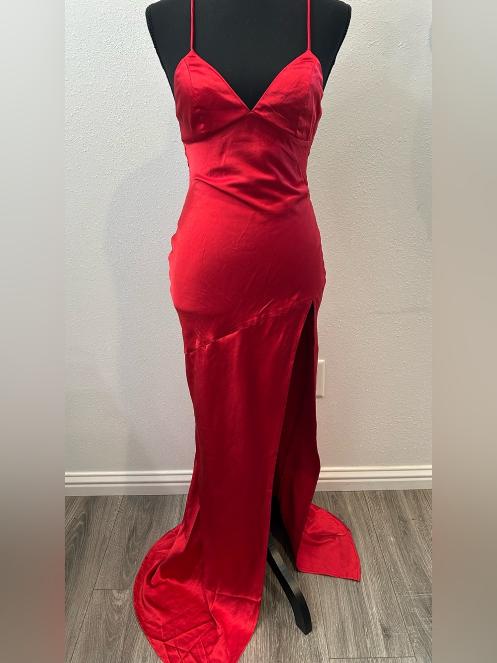 Red Satin Spaghetti-Strap Prom Dress with Front Slit